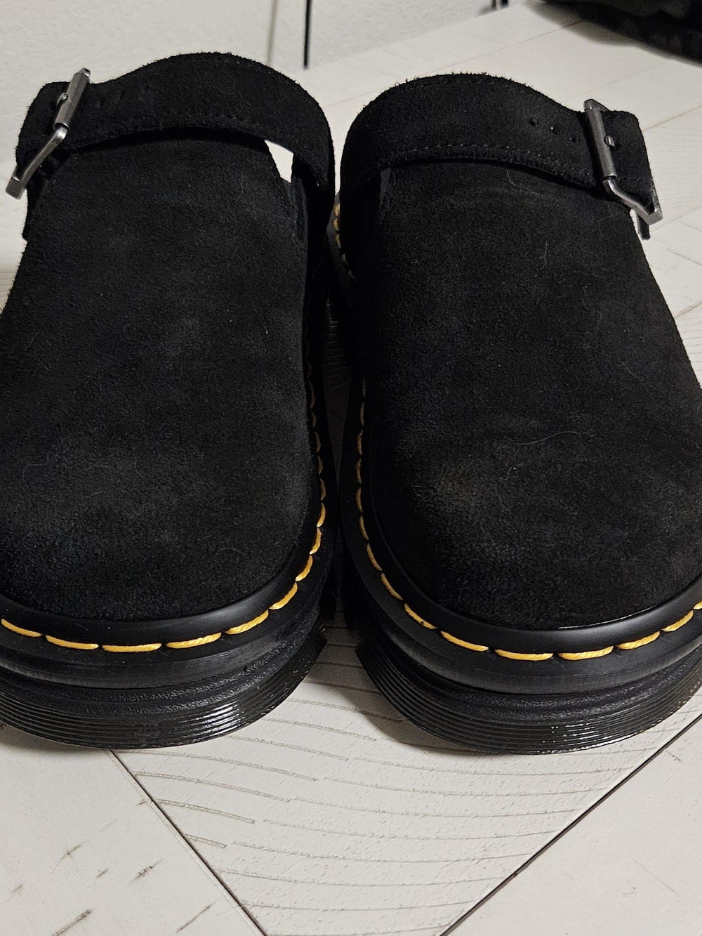 Dr. Martens Black Suede Clog with Yellow Stitching